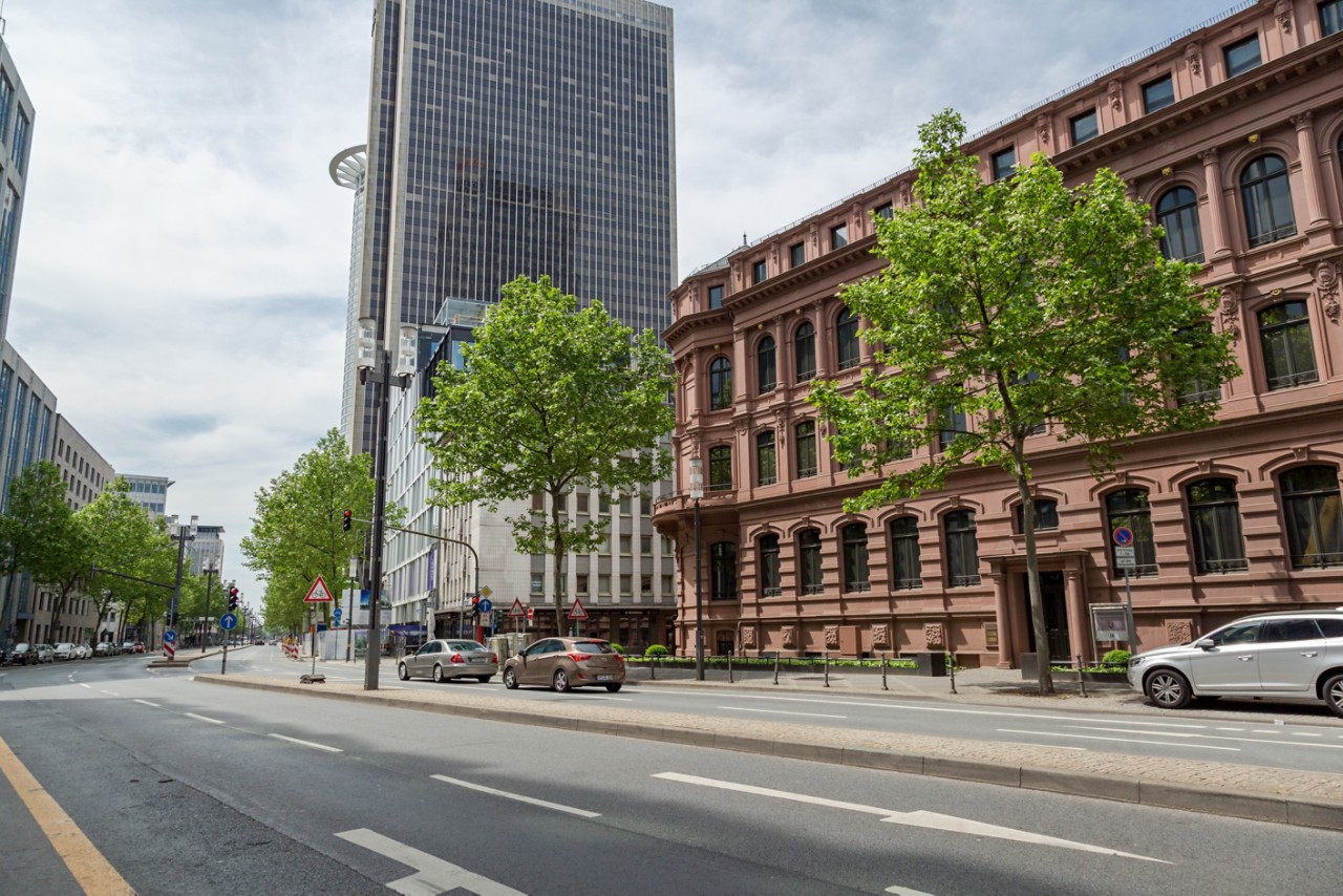 Low angle view of empty city street in Frankfurt, Germany commercial district with row of trees and office buildings